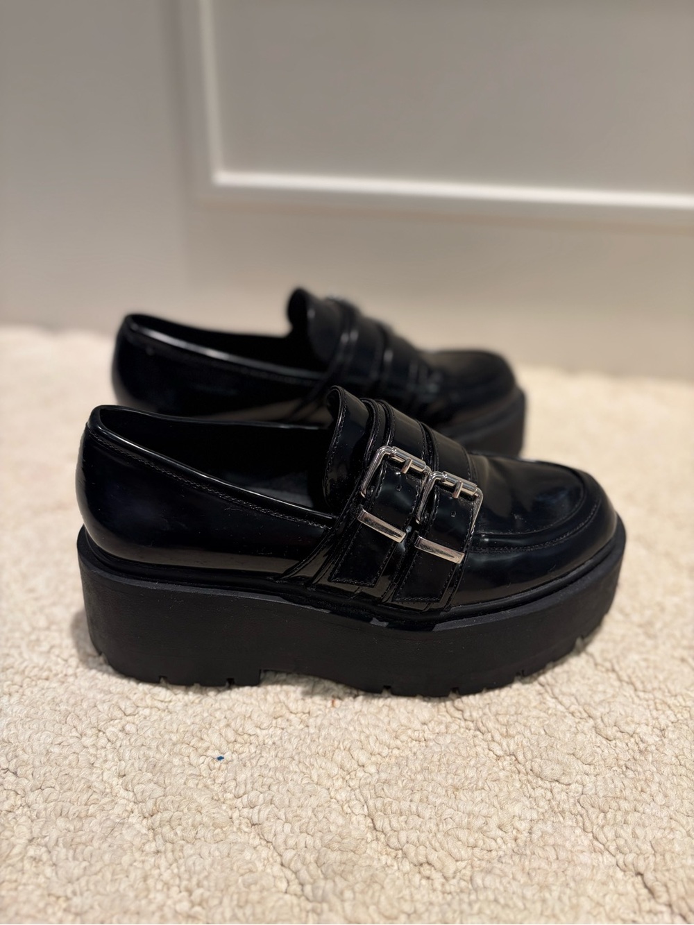 Bershka Black Double Buckle Chunky Platform Loafers Size 6